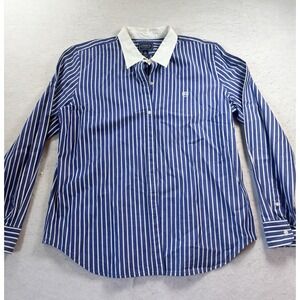CHAPS Blue White Striped L/S Button Up Blouse Shirt White Collar Size XL‎ Logo
